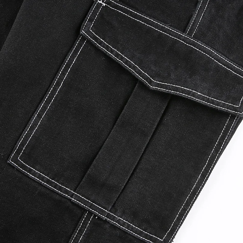 

Spring Black Jeans Women Patchwork Pocket Zipper Baggies Straight Leg Pants Cargo Casual High Street High Waisted Jeans 2021 New