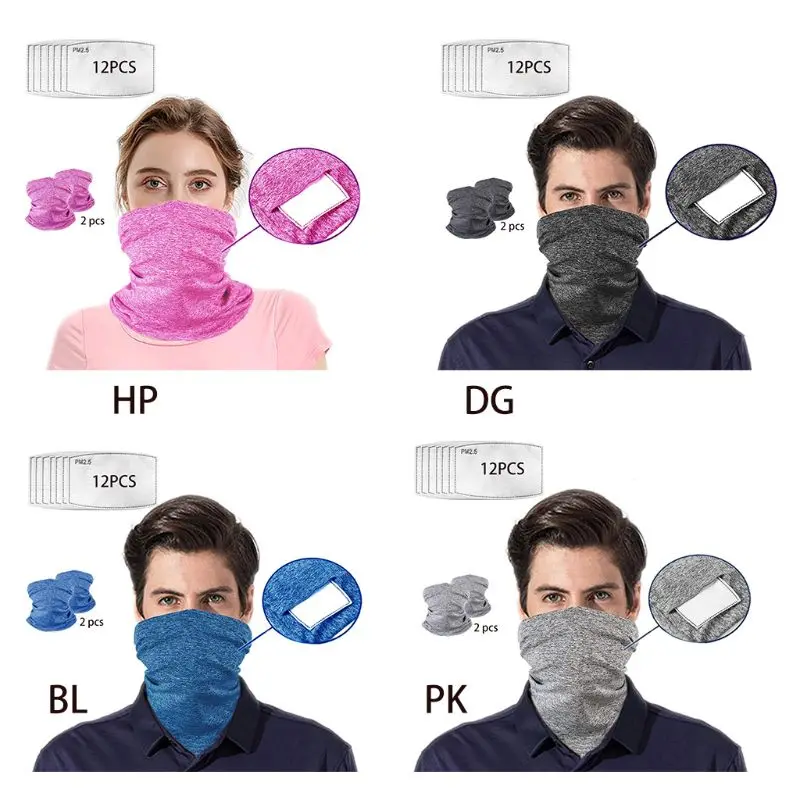 

2 Pack Unisex Sport Neck Gaiter Multifunctional Outdoor Cycling Face Mask with 12Pcs Melt-Blown PM2.5 Filter Solid Color Bandana