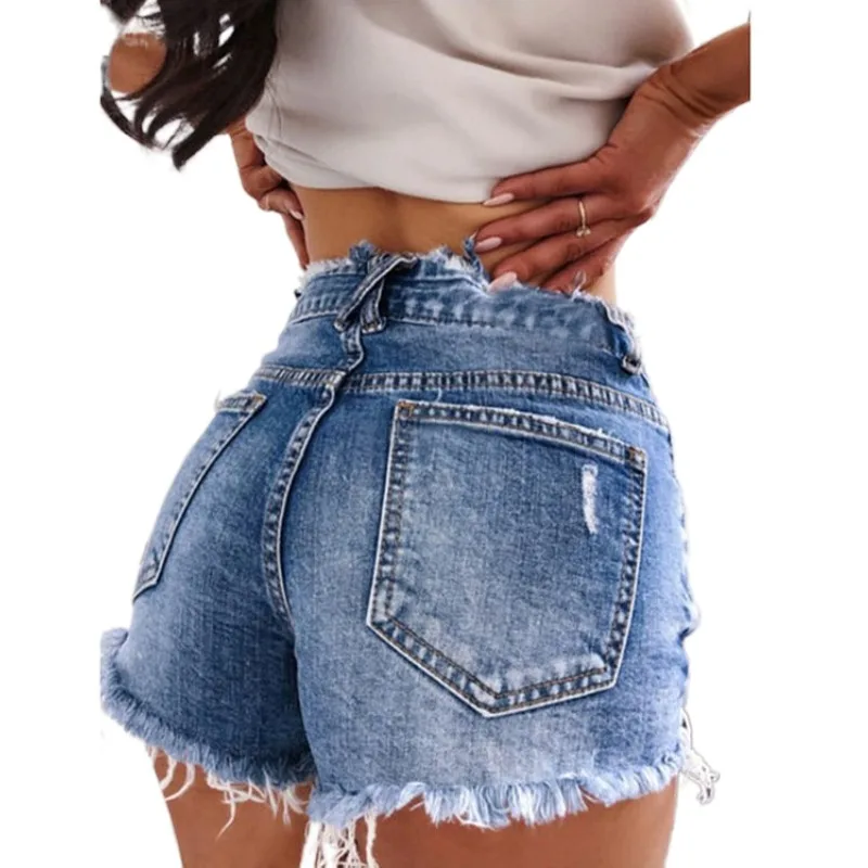 

Women Sexy Tight Ripped Denim Hot Shorts Tassel Hole Dance Skinny Solid Blue High Waist Short Pants Causal Women Booty Shorts