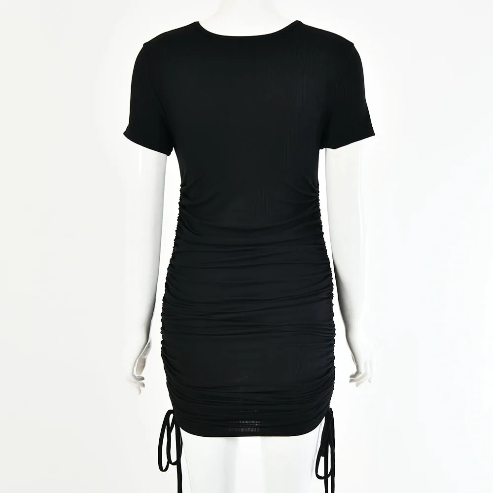 

Fyrneh Female O Neck Short Sleeve Ruched Mini Dress Sexy Bodycon Bow Strappy Elegant Daily Casual Solid Outfits Vestidos Clothes
