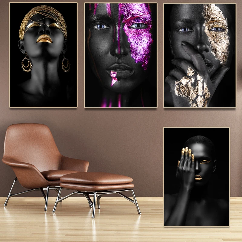 

Nordic Canvas Painting Wall Art Poster African Art Black Man and Gold Woman Hoom Decor Abstract Painting Creativity Figure
