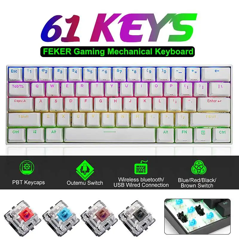 

FEKER 60% NKRO 61 Keys Mechanical Gaming Keyboard bluetooth 5.0 Type-C RGB PBT Keycap Outemu Switches for Mechanical Keyboard