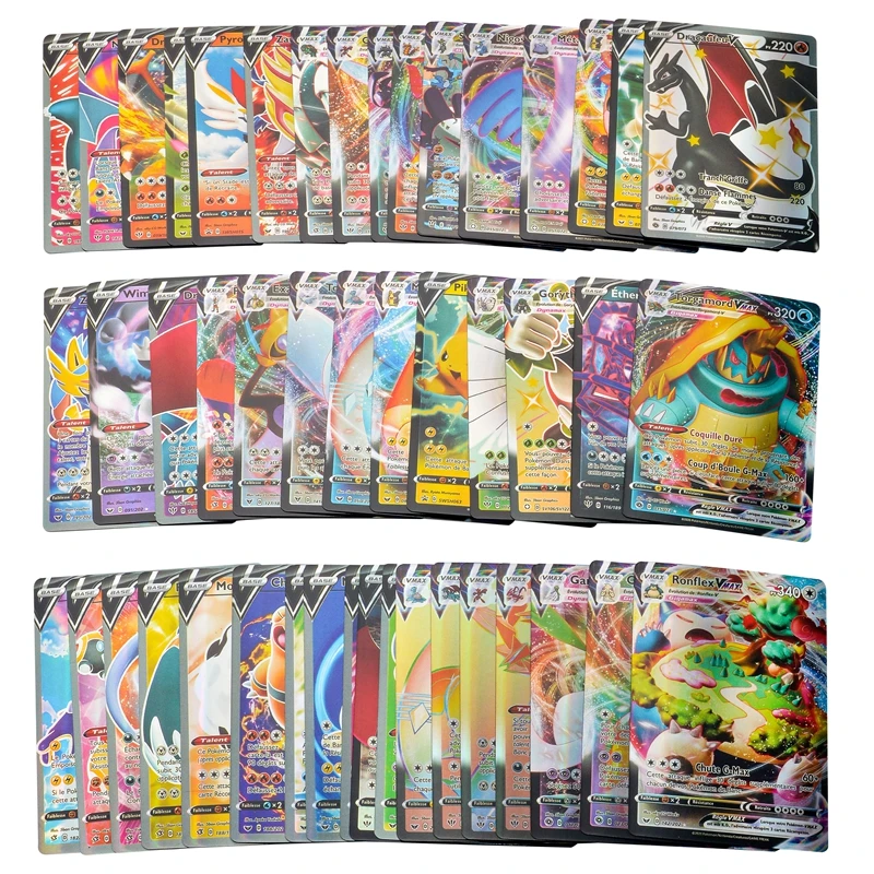 Juego de cartas de Pok&eacute;mon franc&eacute;s para ni&ntilde;os, juguete de cartas de Pikachu hologr&aacute;fico de energ&iacute;a, entrenador de equipo GX EX V VMAX, regalo de cumplea&ntilde;os, 100 Uds.-1