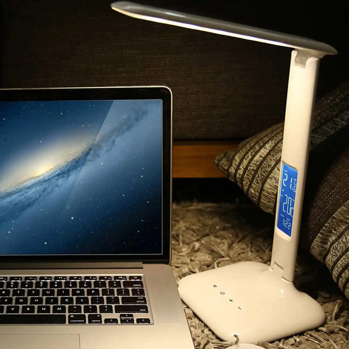 

LED Touch Switch Table Lamp Foldable Wireless Dimming Desk Lamp with Calendar Temperature Alarm Clock Reading Light Working