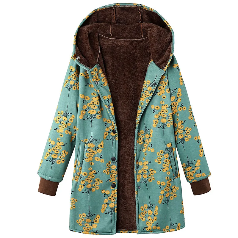 

New Cotton Linen Female Jacket Plush Coat Women Windbreaker Winter Warm Outwear Floral Print Hooded Pockets Vintage Coats
