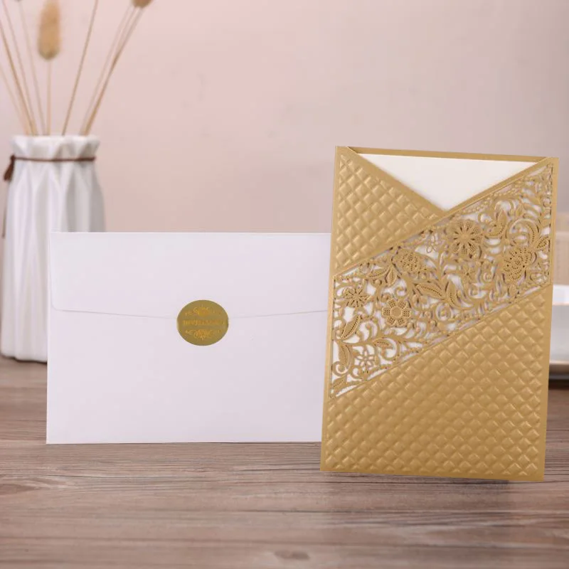 one set Gold 50 шт. синяя Золотая лазерная резка Флора свадебные приглашения карты кружева Роза поздравительные открытки настроить День рождения Свадебные украшения - Цвет: one set Gold