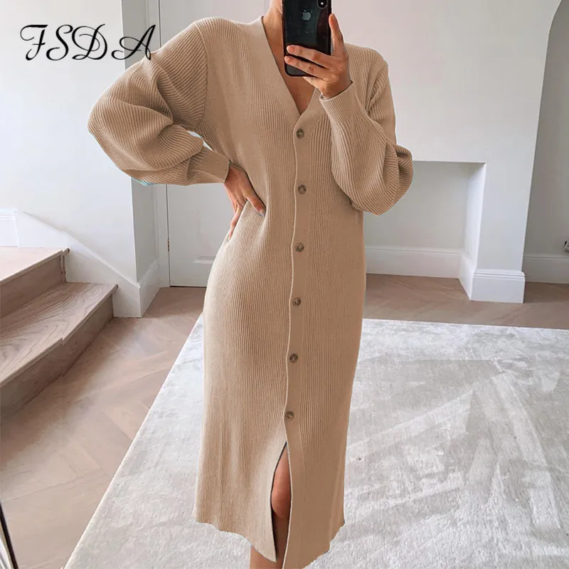FSDA V образным вырезом 2020 Осень Зима с длинным рукавом платье свитер Повседневный