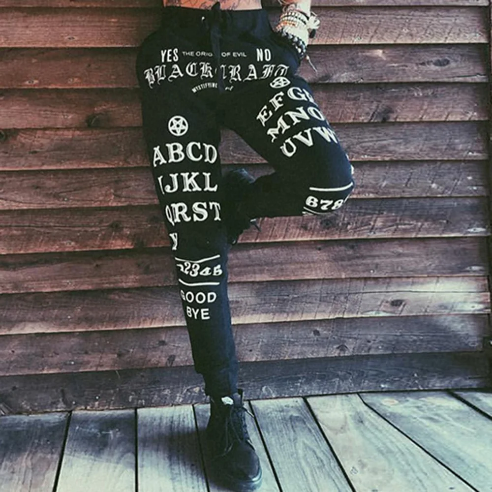 

Letter Graffiti Casual Pants Dark Black Female Sport Leggings Cartoon Print Long Trousers Gothic Women Autumn Winter Streetwear