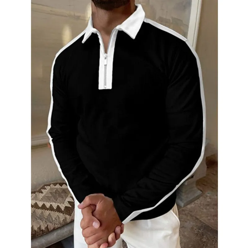 

2021 New Man Polo Shirt Slim Casual Zipper Turn Ddown Collar Tops Autumn Fashion Print Mens Long Sleeve Polo Shirts Black Polos