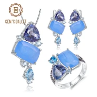 gems ballet candy irregular jewelry natural aqua blue calcedony 925 sterling silver ring earrings pendant jewelry set for women