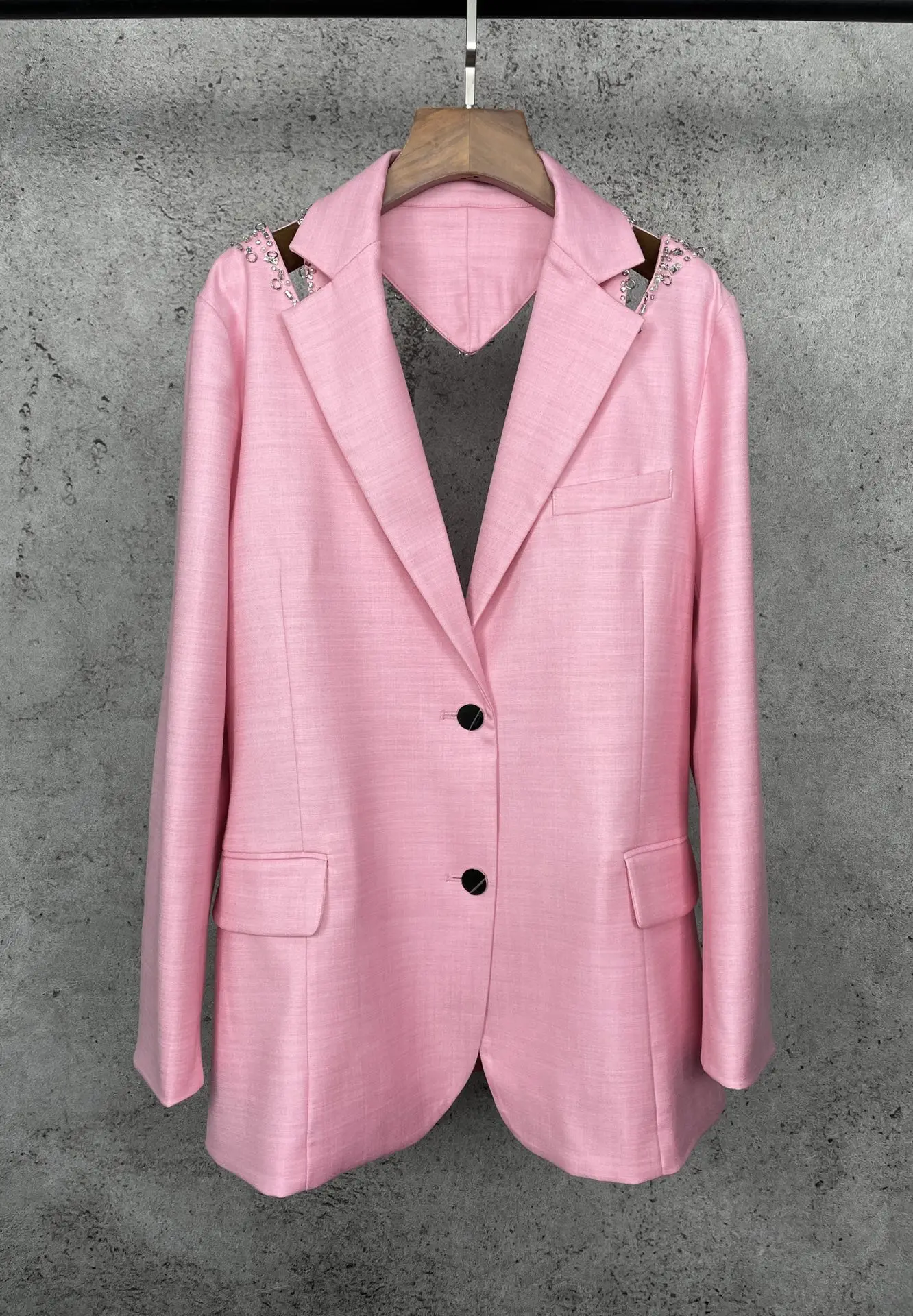 

high-quality 2021 new women fashion long-sleeved lapel solid color hollow beaded suit jacket 0316
