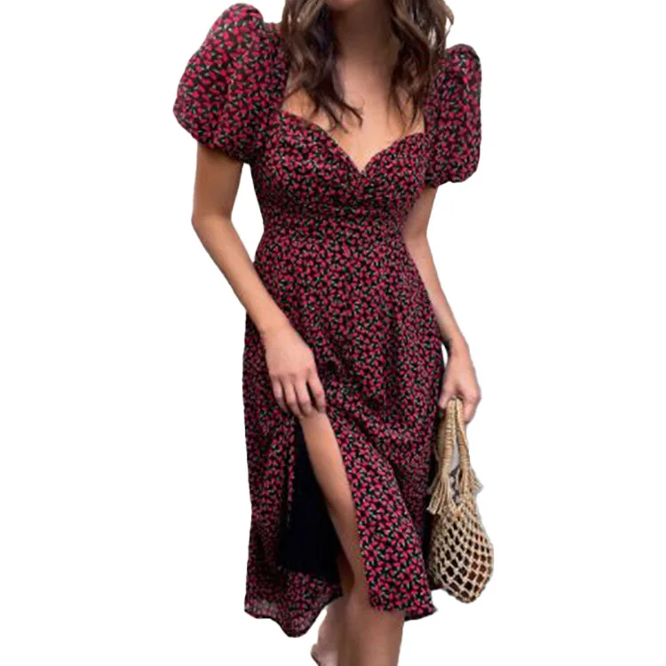 

Floral Print Summer Women's Dress 2021 Short Puff Sleeves Sexy Side Slip Elegant V-Neck Breast Wrap Party Midi Dresses