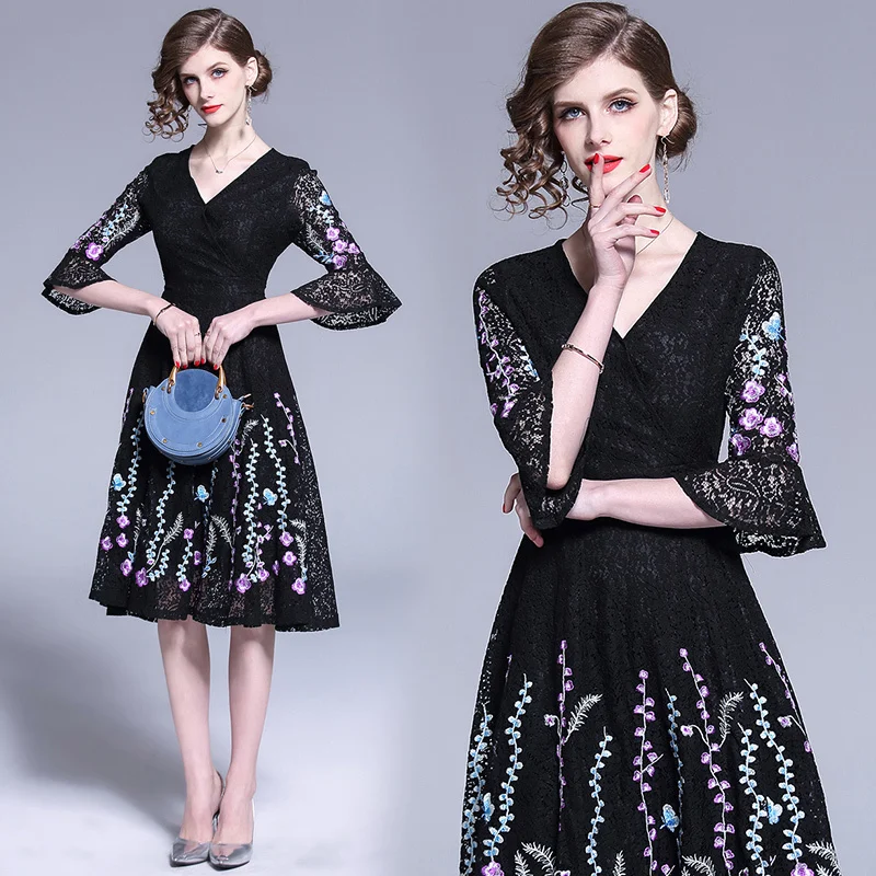 Женское кружевное платье с вышивкой повседневное дизайнерское рукавами