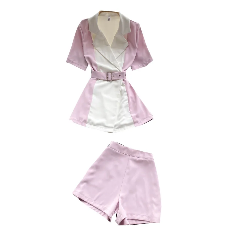 

Professional Suit Women's Summer Short-sleeved Shirt Hit Color Stitching Wild Wide-leg Shorts Two-piece Suit DK642