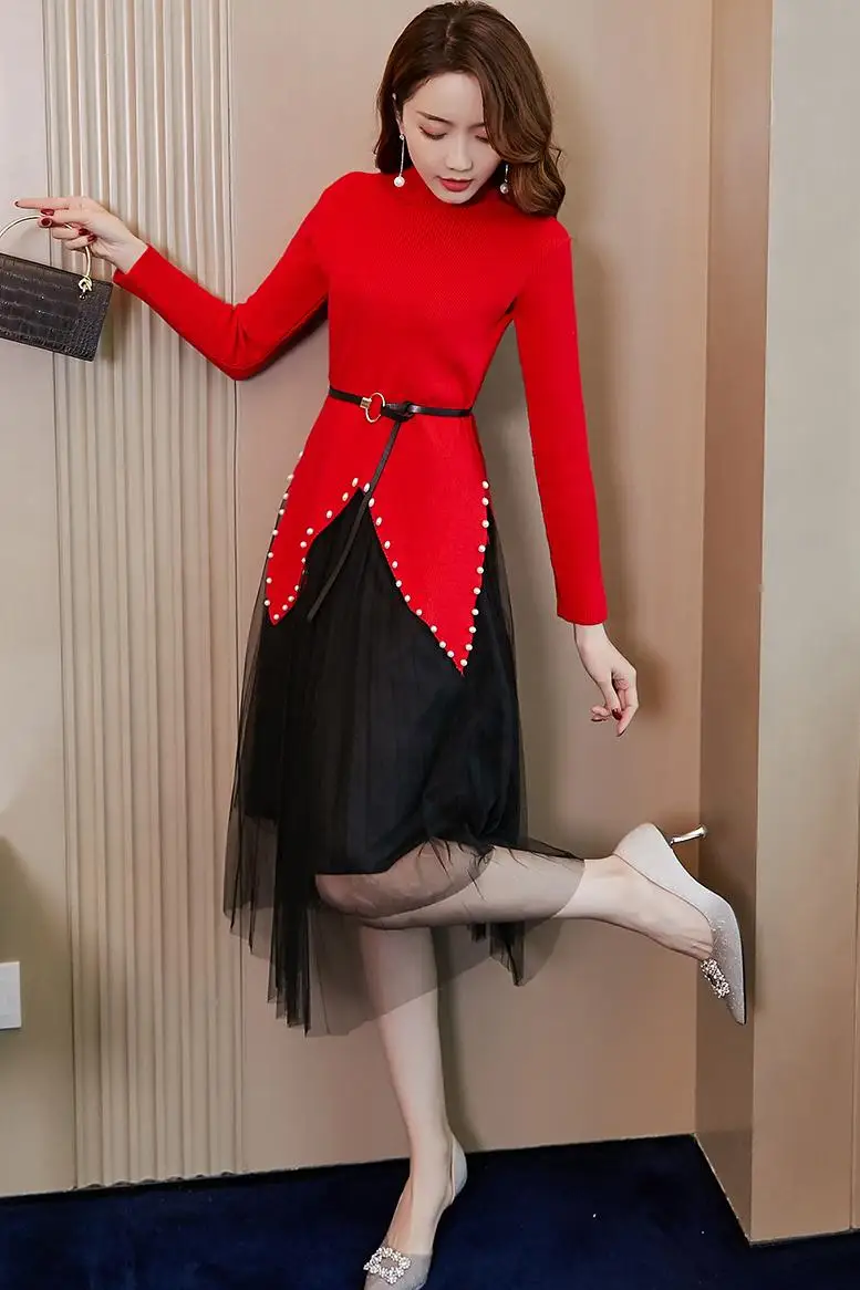 

Fashion autumn and winter new temperament mesh semi-high round neck beaded knitted suit