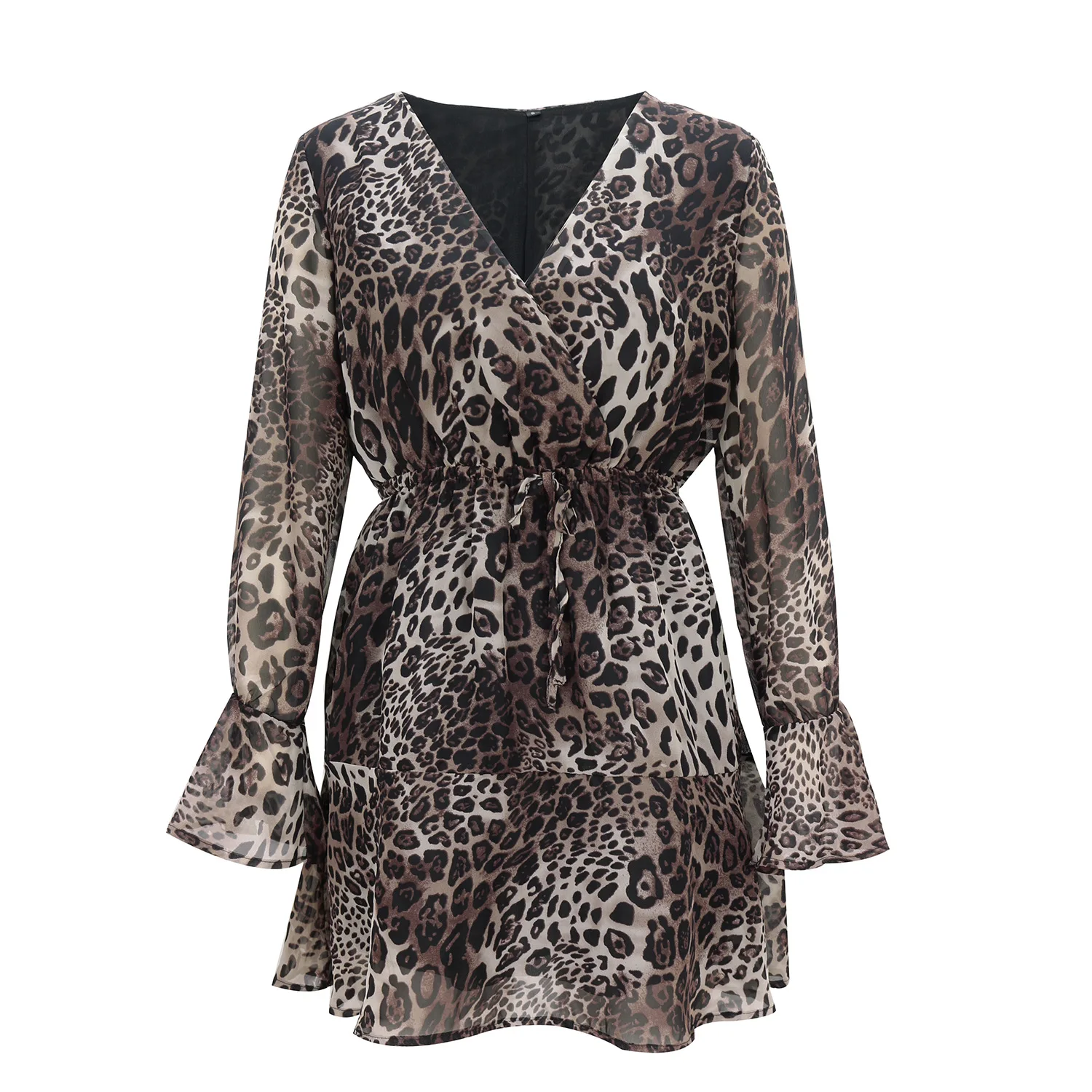 

2020 hot spring summer green lady sexy Leopard Print mini Chiffon dress v neck fitted waist full flare sleeves newest dress