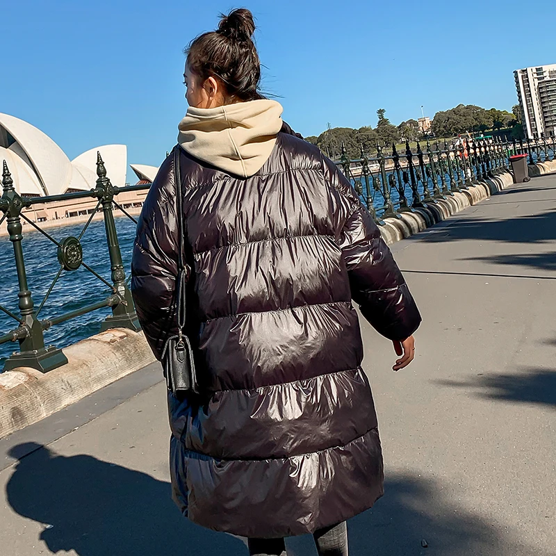 

Unua amo Winter Puffer Jacket Female Long Warm Stand-collar Down-padded Parka 2021 Fashion Glossy Waterproof Bubble Coat Woman