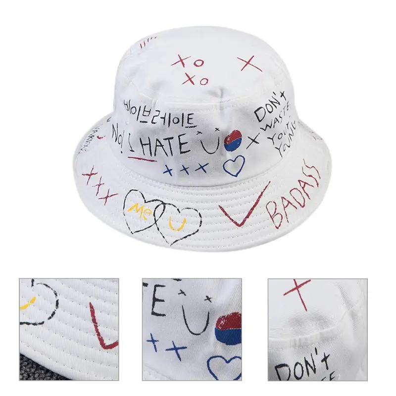

Панама в стиле Харадзюку для мужчин и женщин, уличная шапка в Корейском стиле, с надписью сердец и принтом граффити, в стиле хип-хоп, летняя