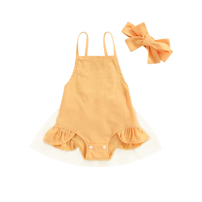 

Baby Girl\u2019s Halter Romper with Headband Fashion Solid Color Mesh Yarn Stitching Tie-up Triangle Jumpsuits