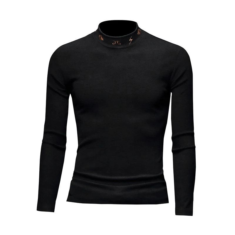 

Designer Men's T Shirts Half Turtleneck Embroidery Solid Color Velvet Thickening Full Sleeve Vintage Autumn Clothing#C13