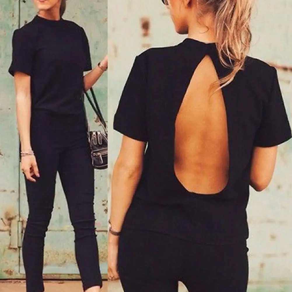 Модные летние футболки Женские однотонные черные сексуальные с открытой спиной