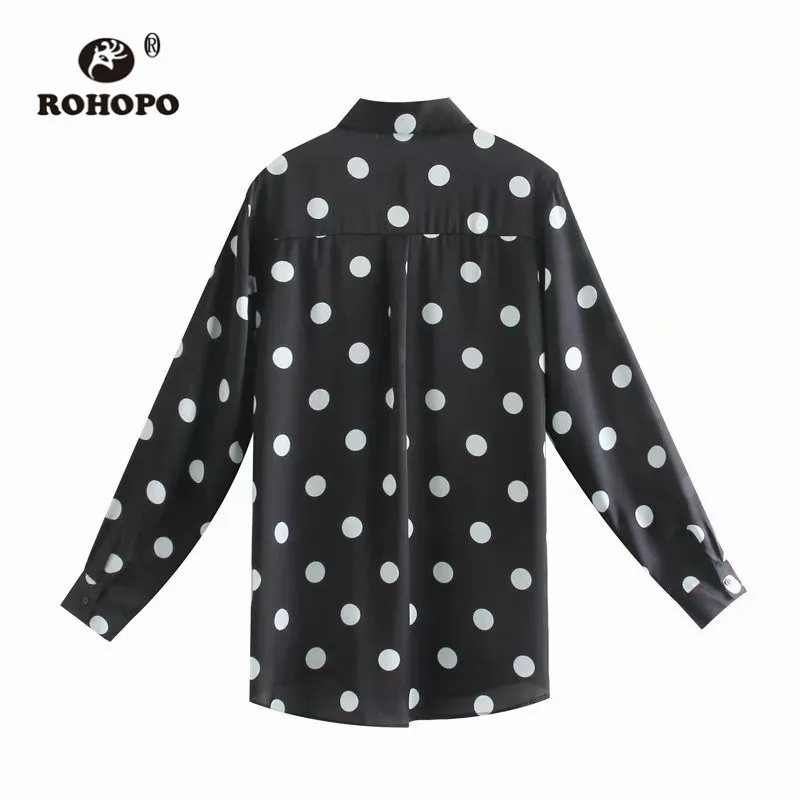 ROHOPO отложной воротник белая Polk Dot черная блузка длинный рукав круглый край