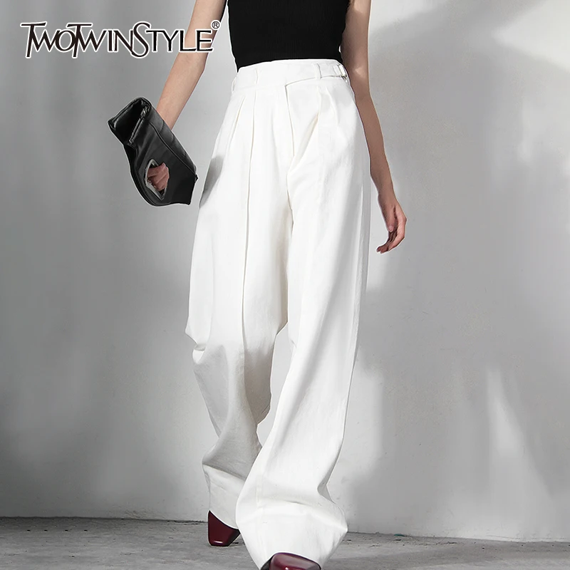 

TWOTWINSTYLE повседневные белые корейские модные женские брюки с высокой талией, полная длина, прямые свободные широкие брюки, женские стильные ...