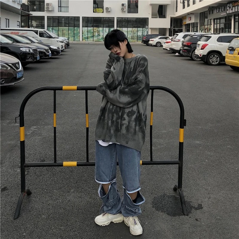 

2020 Female New Spring Autmn Fashion Vintage Loose Pullovers Women Mid-Length Tie Dye Casual O-Neck Street Style Sweater QL133