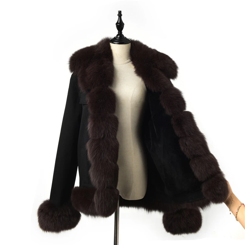 FURSARCAR Fashion Jean Jacket Real Fur Parka Women Winter Coat With Coffee Fox Fur Collar And Cuff Casual Warm Fur Parka