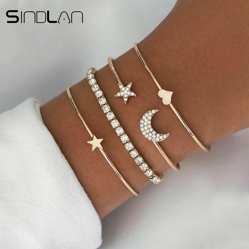 Sindlan 4 шт. кристалл Луна искусство для женщин набор золотых открытых браслетов