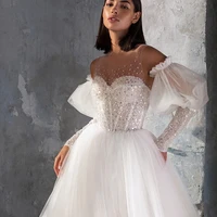 sequin sweetheart wedding dresses long 2021 women simple puff sleeves wedding gown zipper sweep train bride dress robe de mari%c3%a9e