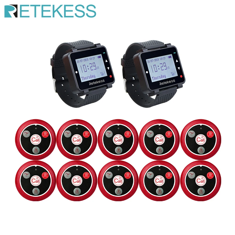 RETEKESS Wireless Waiter Calling System Restaurant Pager 2 T128 Watch Receiver +10 T117 Call Button Customer Service For Hookah