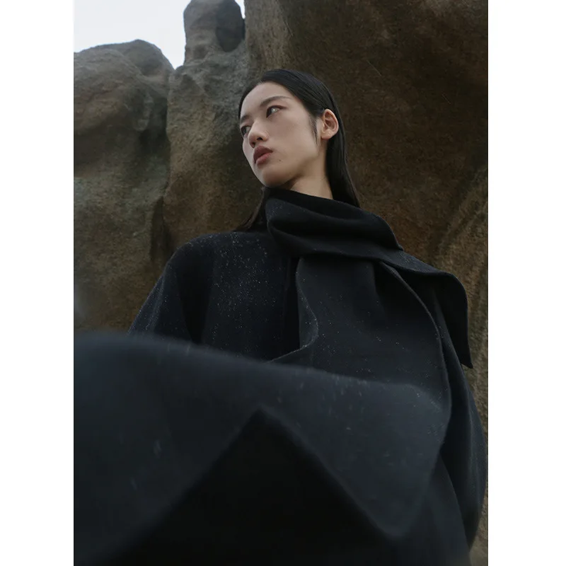 

New 2021 80% Women's Wool Loose Simple Fashion Design Appliques Scarf Collar Winter Trench Coat for Women Korean