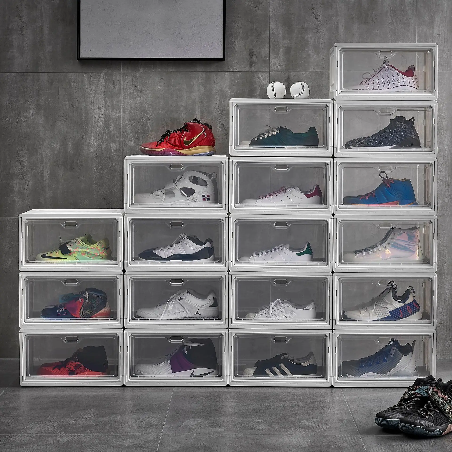 

50PCS Thickened Foldable Shoe Storage Box Plastic AJ Sneakers Shoes Display Case Free Combination Stackable Shoe Cabinet Rack