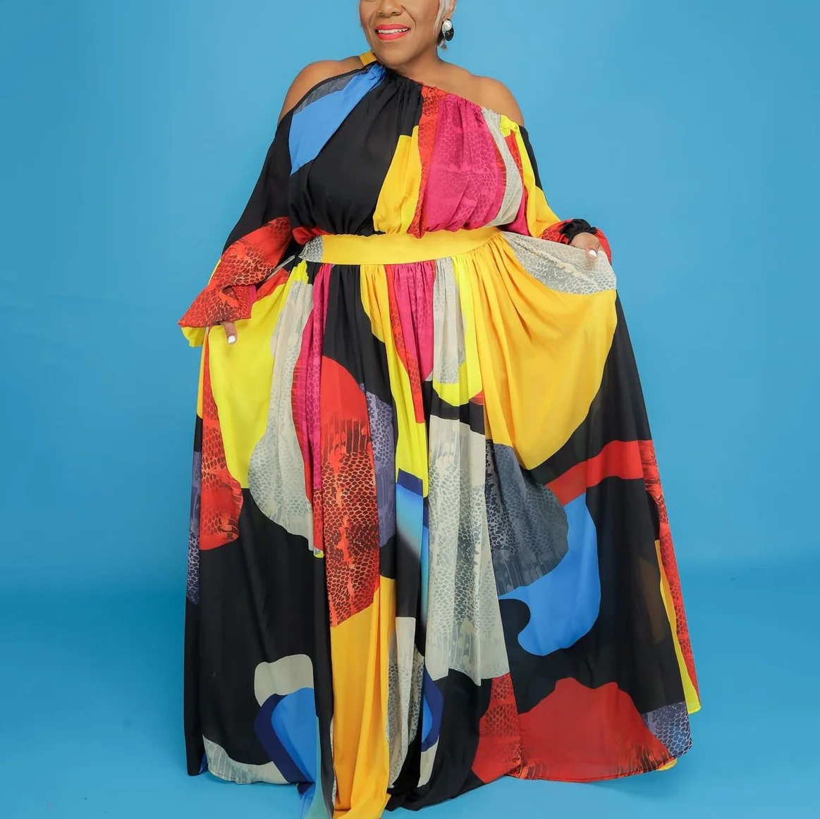 Женское вечернее платье в горошек с открытыми плечами и высокой талией - купить