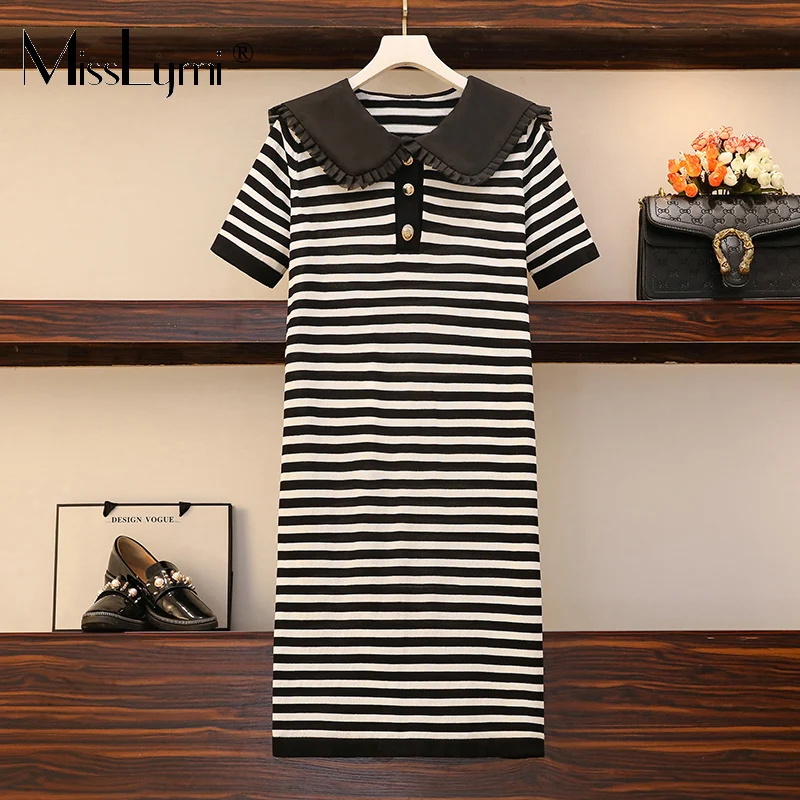 

L-4XL Plus Size Women Cute Knitted Stripe Dress Summer 2021 Preppy Style Ruffle Peter Pan Collar Short Sleeve Casual Loose Dress
