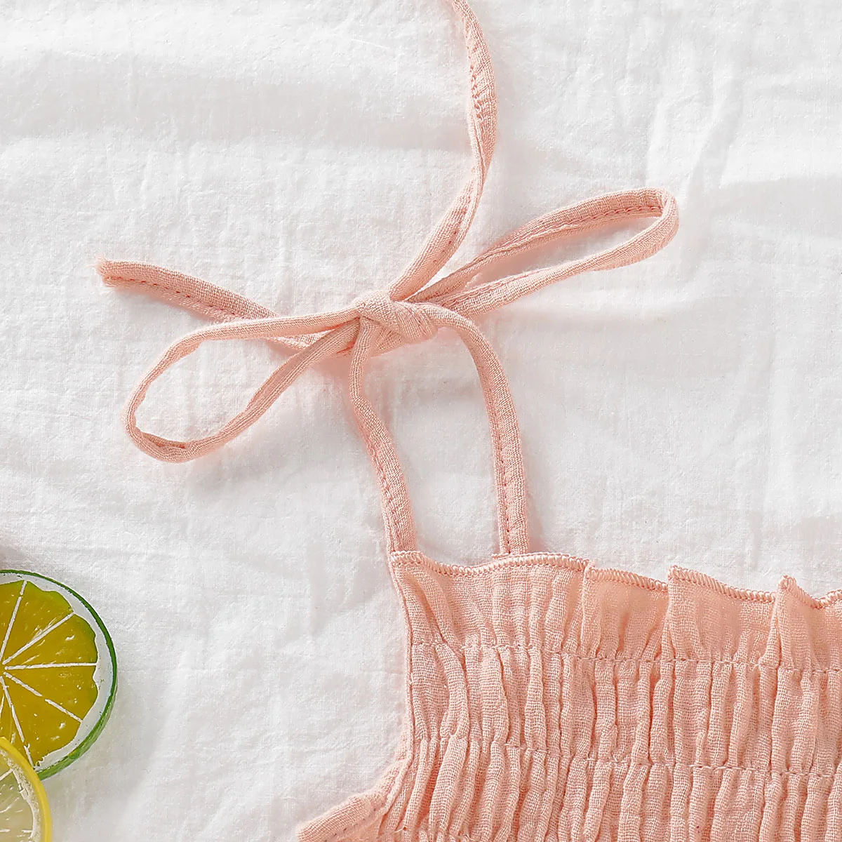 Органический хлопок, для маленьких девочек, детская одежда Новые Летние двойной газовые гольфы до колена с оборками, Детский комбинезон с повязкой-бантом Бледно-розовый комбинезон для новорожденных