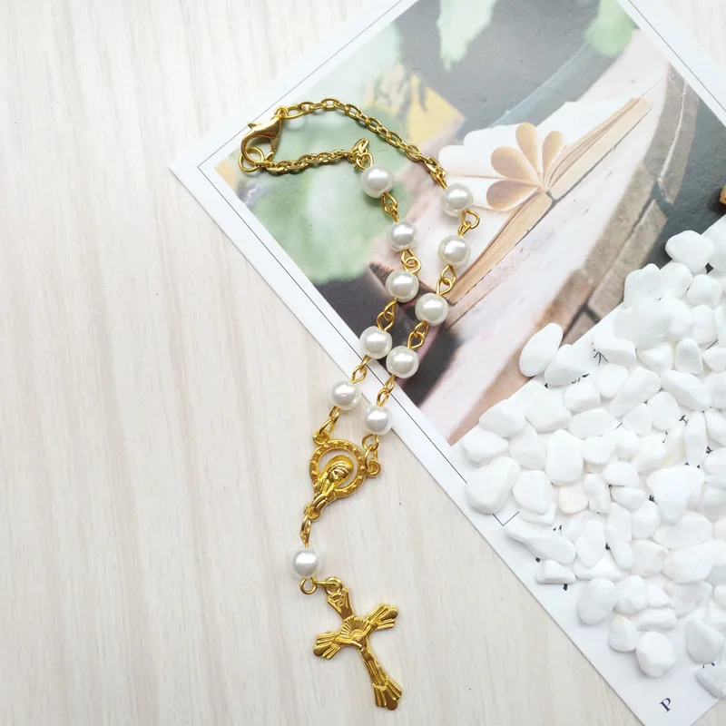 QIGO золотой крест кулон стеклянный жемчуг четки браслет для мужчин женщин