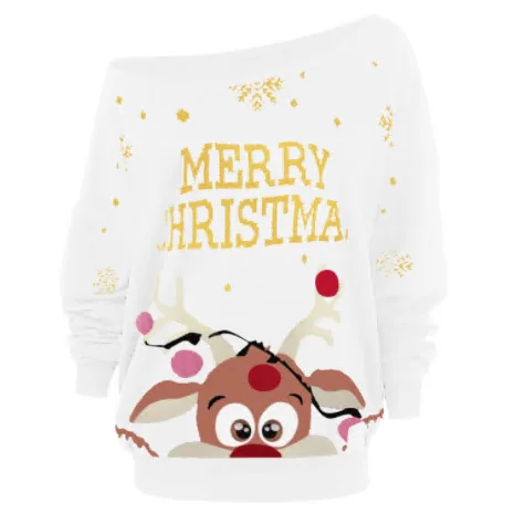 

New Arrival Women Christmas New Year Sweaters Christmas Print Long Sleeve Straples Collar Top 2021 Sweater Christmas Sweater