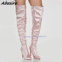 new long pink boots pleated zipper solid stilettos high heel pointed toe thigh high women boots big size shoes botas de mujer