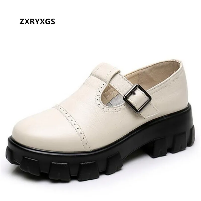 

ZXRYXGS 2021 New Autumn Genuine Leather Shoes Woman Platform Shoes High Heels Comfort Light Increase Shoes Black White Big Size