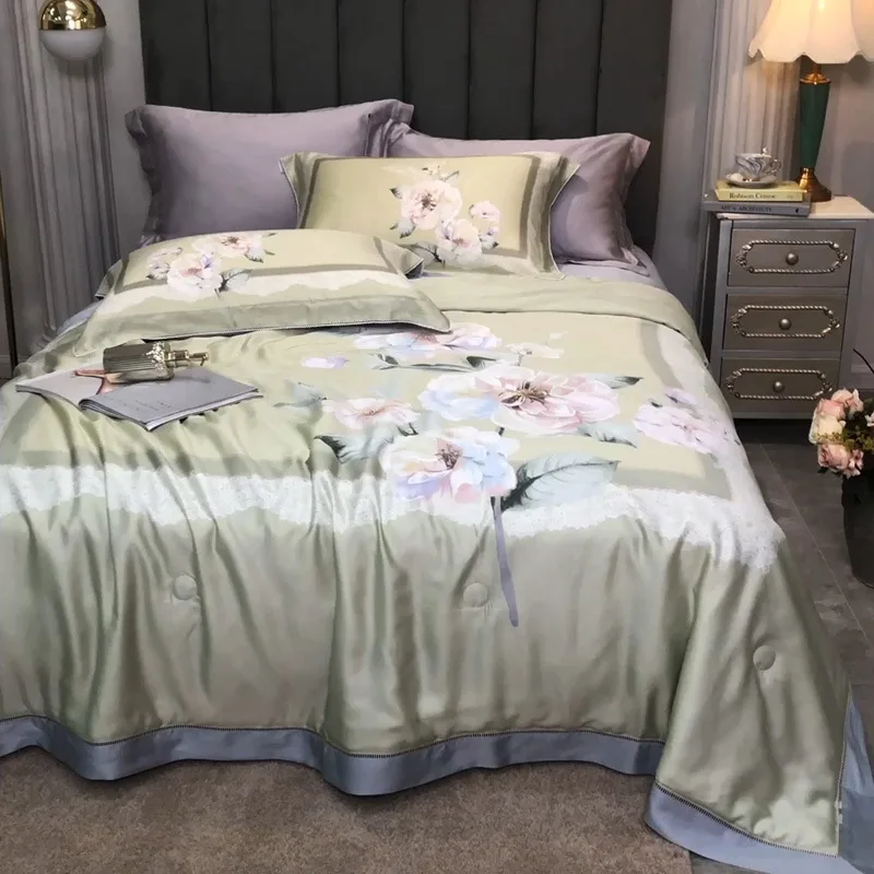 

600TC 3/4/5pcs Queen King Bedding Tencel Plaid Bed Cover Flower Summer Throw Blanket Quilt Set with Bed Sheet Pillowcase