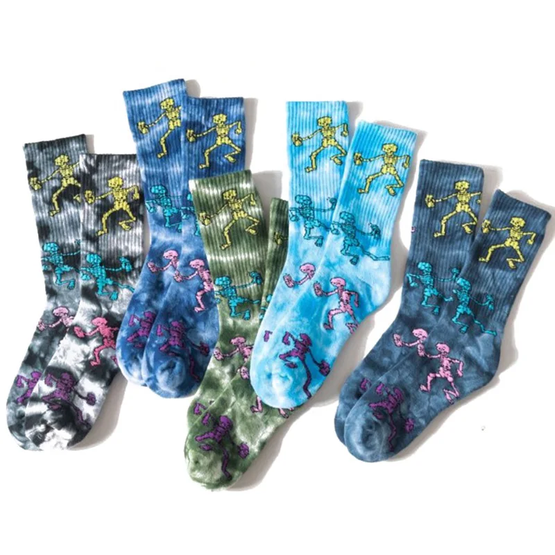 Осень 2019 Харадзюку галстук окрашенные носки Скелет длинные модные хлопковые