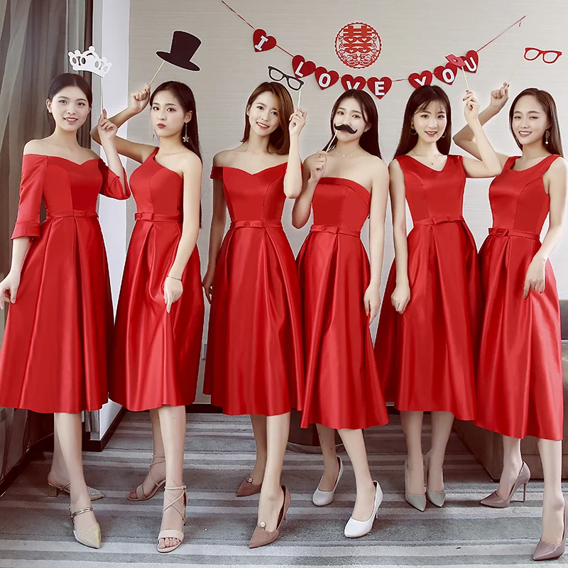 Платье подружки невесты с открытыми плечами красное платье из тафты длиной до