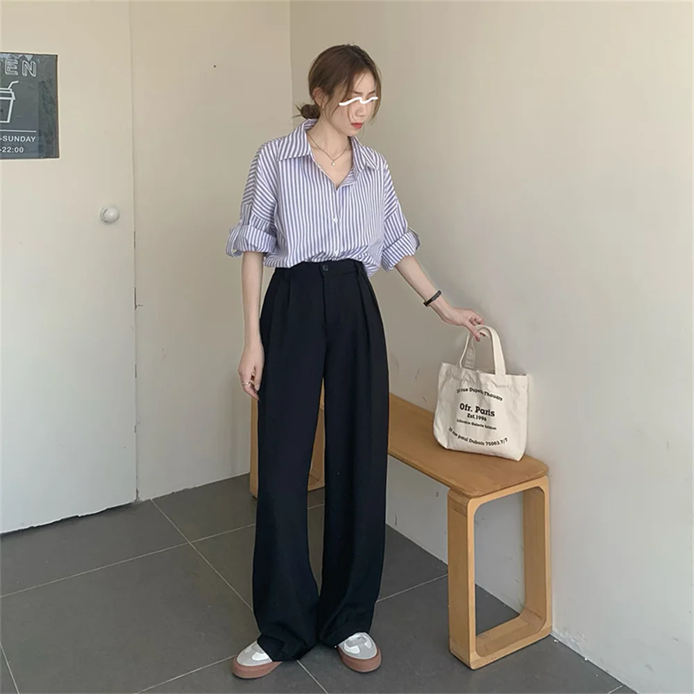 

Femme Elastic-Waist Regular Bottoms All Match Loose Trousers Solid Straight Summer OL Casual High Waist Pants