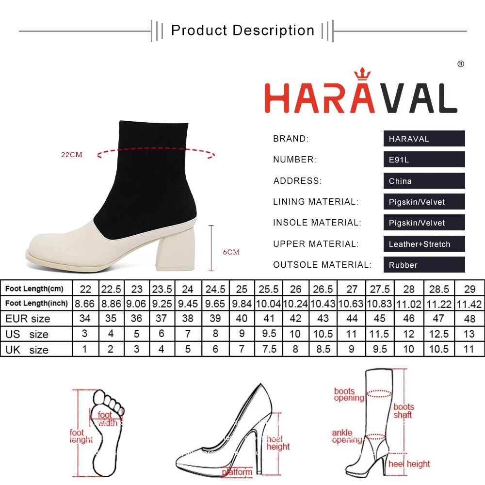 

HARAVAL Women Ankle Boots Stretch round toe High Heels Autumn winter women shoes elegant black slip-on warm shoes Lady E91L