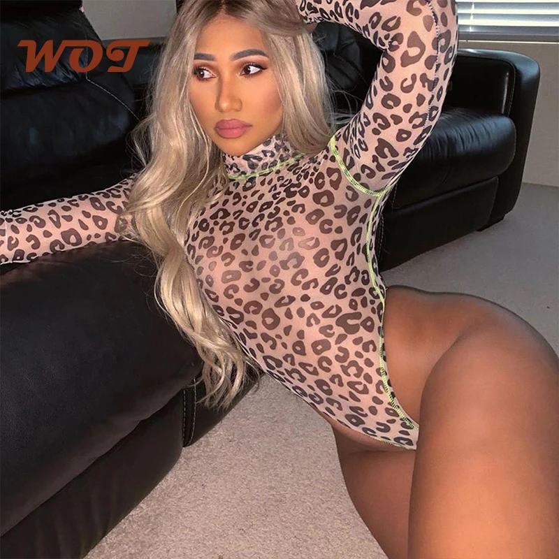 2021 New Sexy Leopard Print Woman Bodysuit Long Sleeve Fluorescent Contrast Color Jumpsuit
