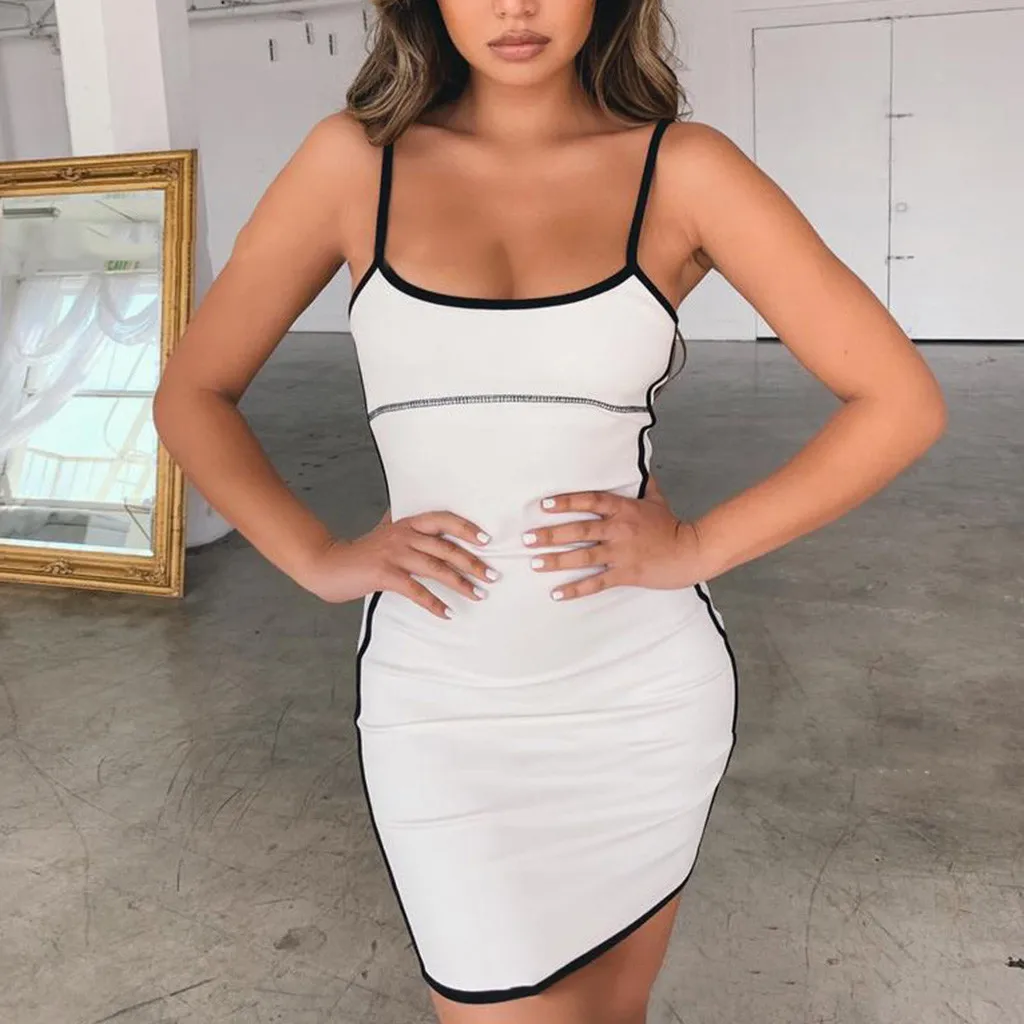 Женское облегающее платье на бретельках однотонное модное без рукавов лето 2020 |