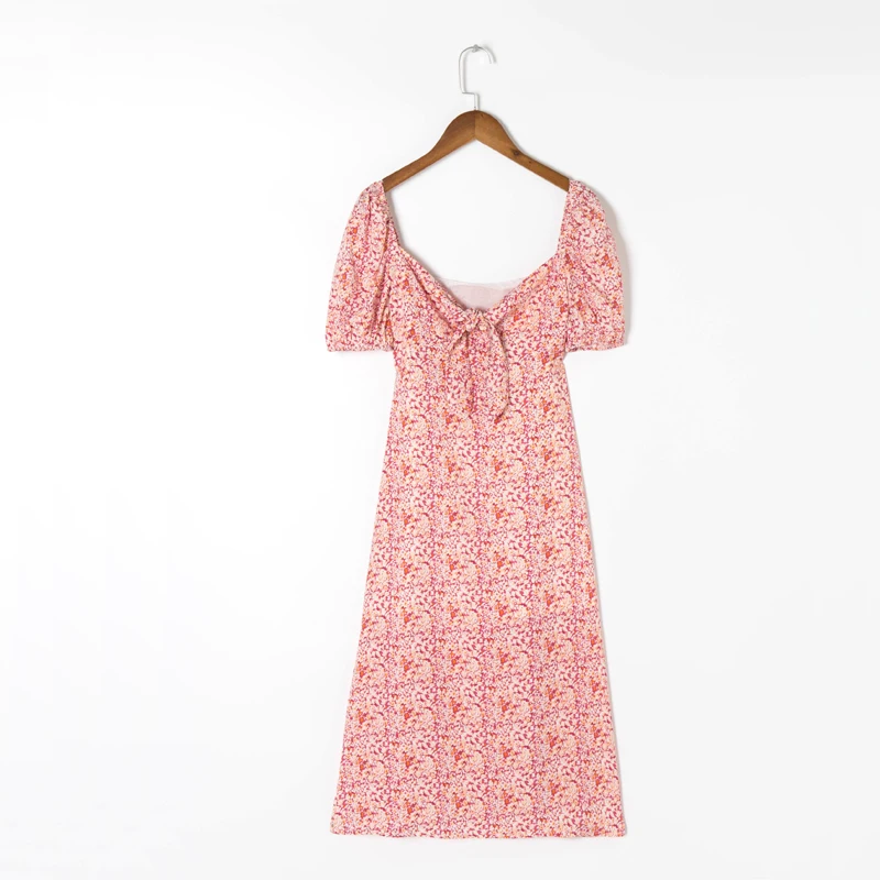 

Женское повседневное облегающее летнее платье с цветочным принтом, коротким рукавом, бантом и разрезом