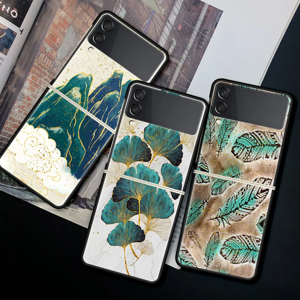 

For Samsung Galaxy Z Flip 3 5G Case Luxury Matte Black Hard Phone Cover ZFlip 3 Shockproof Fundas Shell Ginkgo Biloba Art Coque